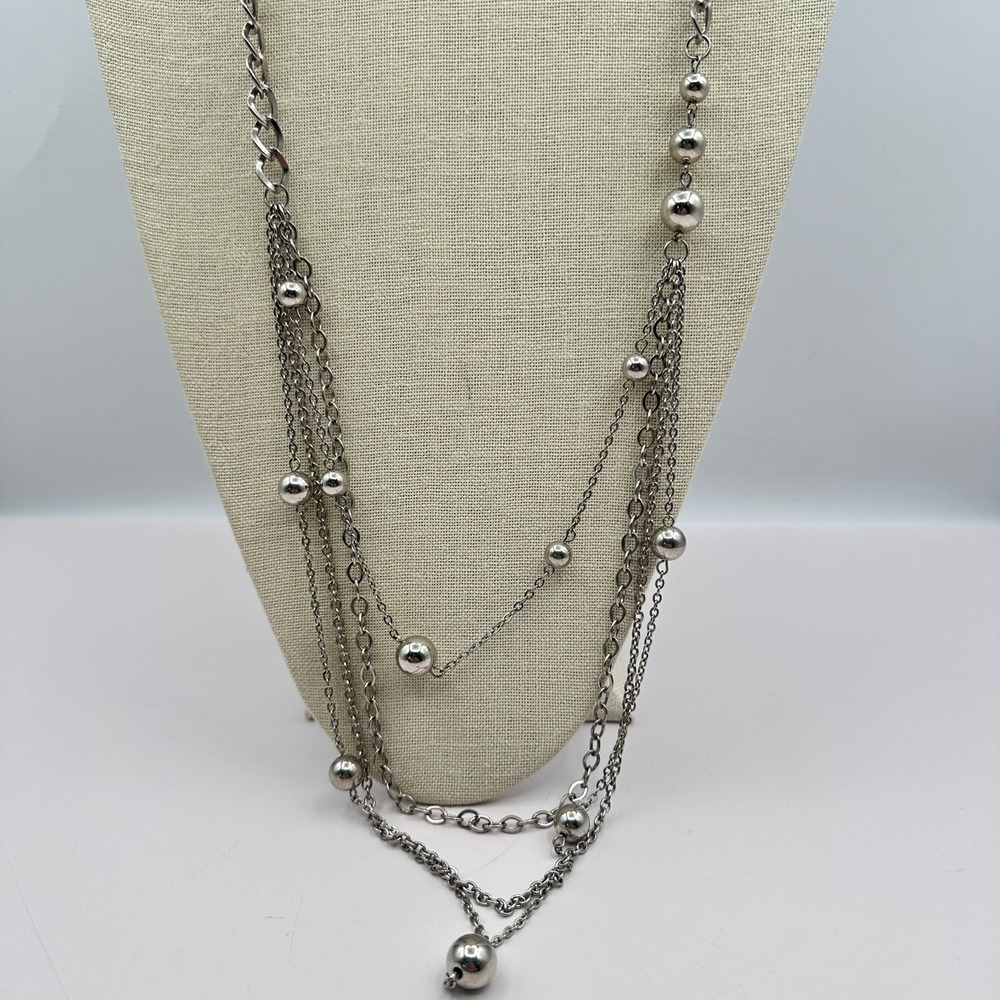 Vintage 80s Silver Tone Triple Layered Ball Chain Statement Necklace 38"